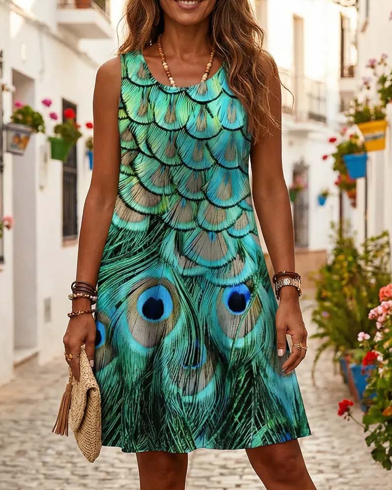 Sleeveless Peacock Print Fashion Dress