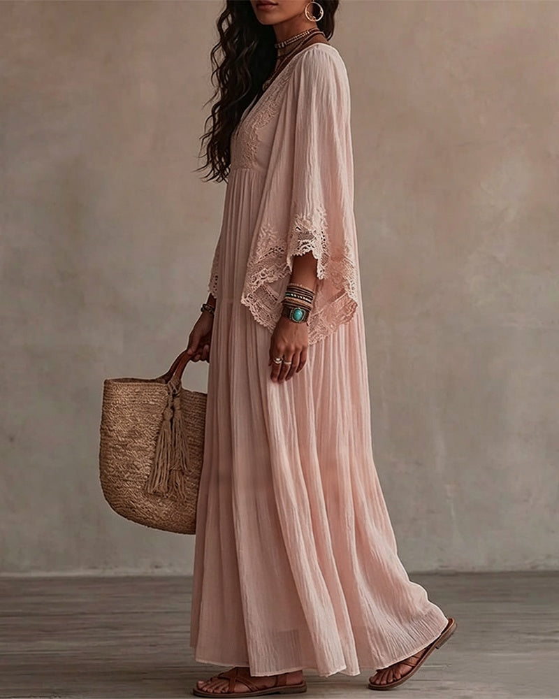 V-Neck Lace Patchwork Solid Color Dress