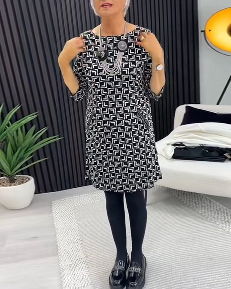 Retro geometric print round neck pocket dress