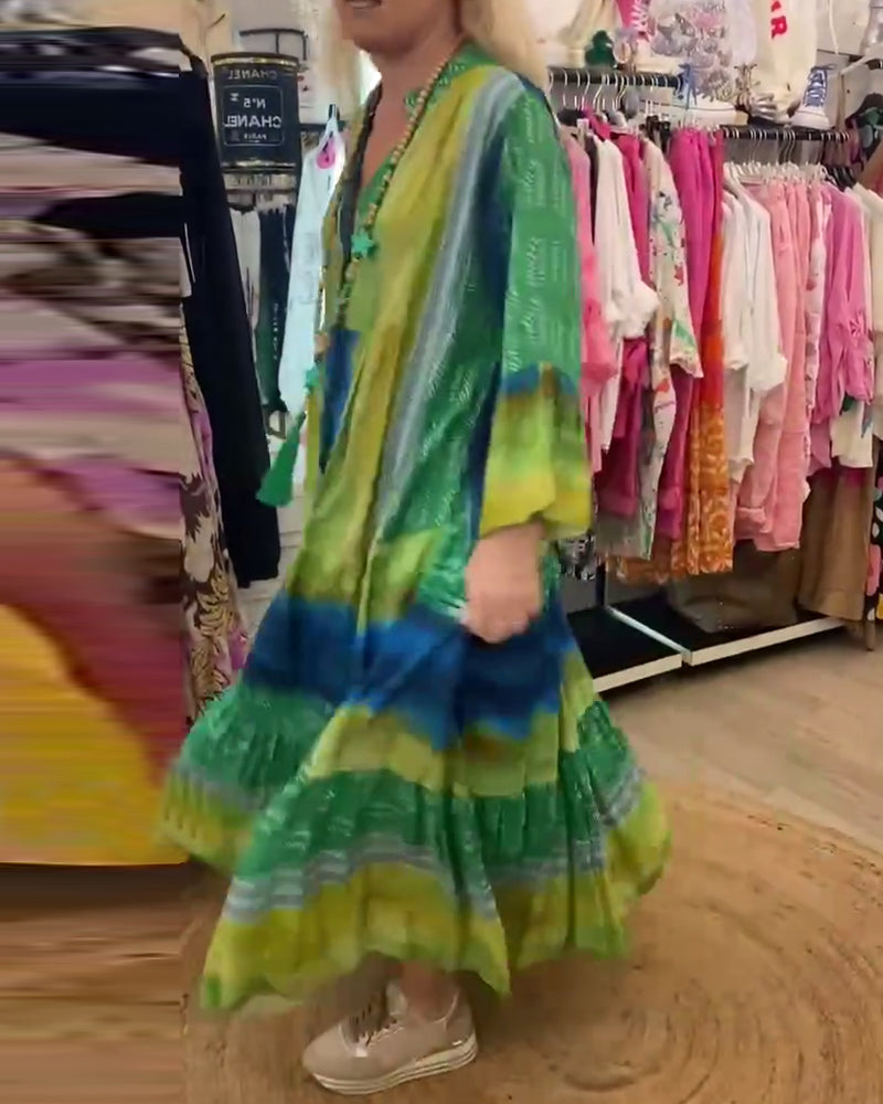 Printed casual V-neck flare sleeve long dress