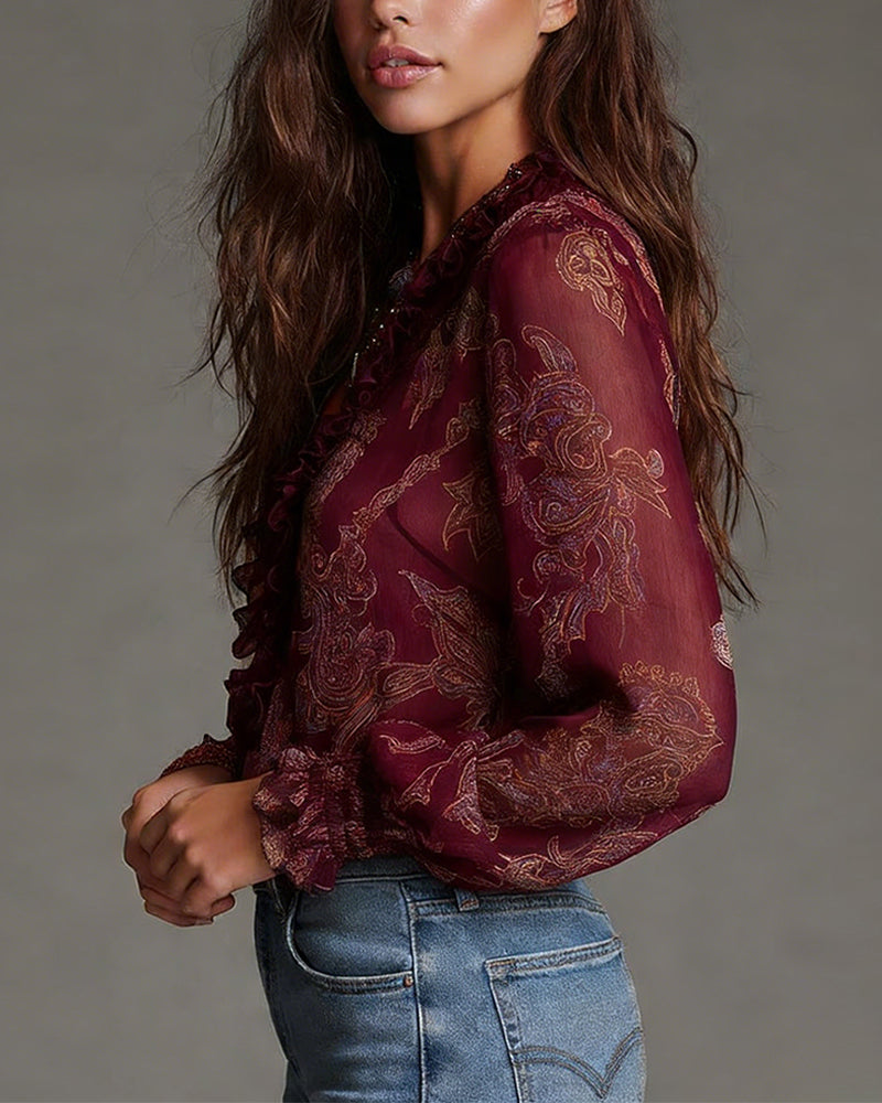 Half-Zip Ruffle Retro Blouse