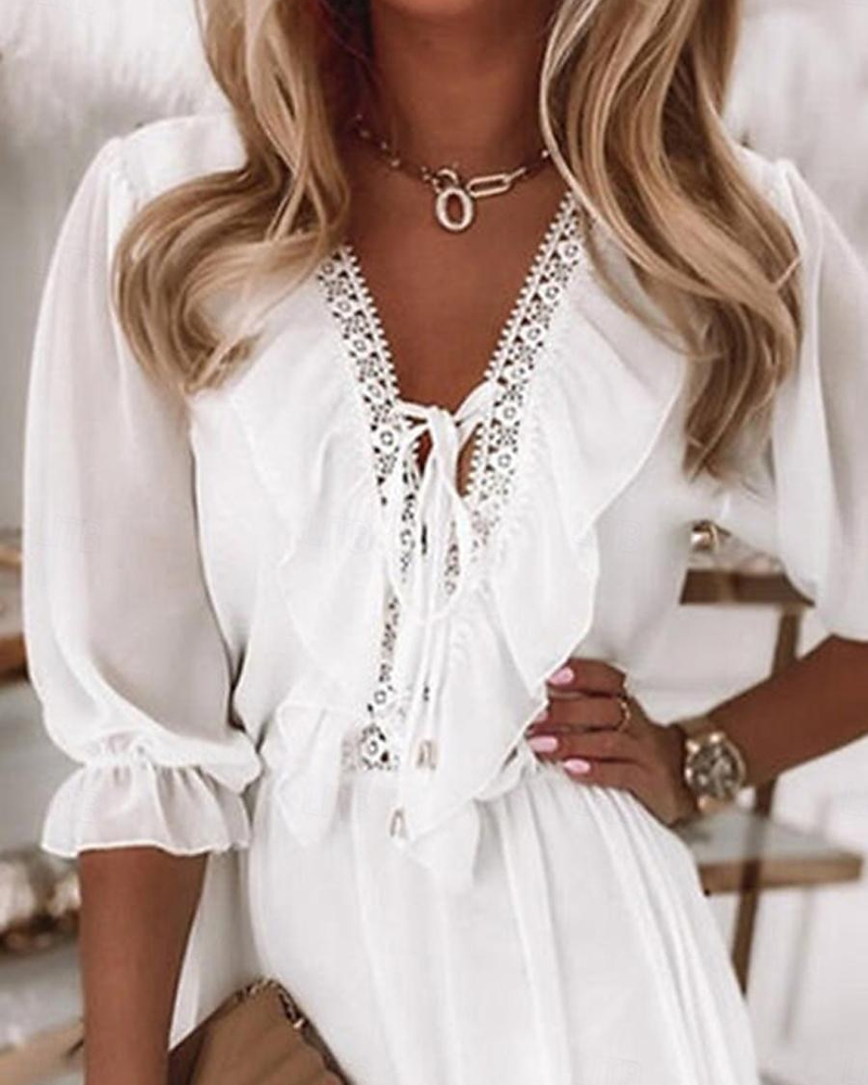 Lace V-neck Ruffle Short Dress