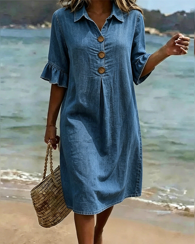 Denim Ruffle-Sleeve Shirt Dress