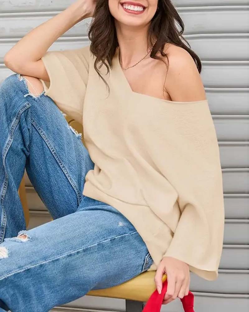 V-Neck Batwing Sleeve Solid T-Shirt