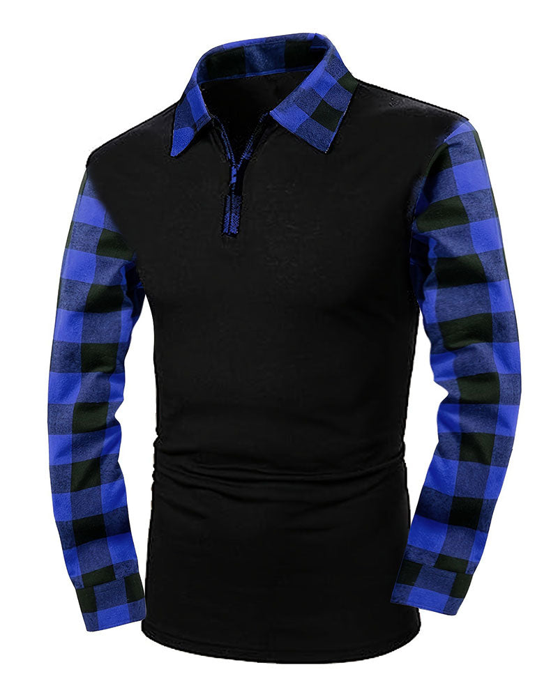 Half-Zip Plaid Spliced Top