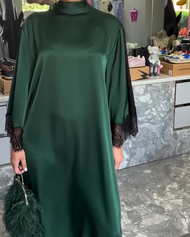 Mock Neck Lace Trim Dress