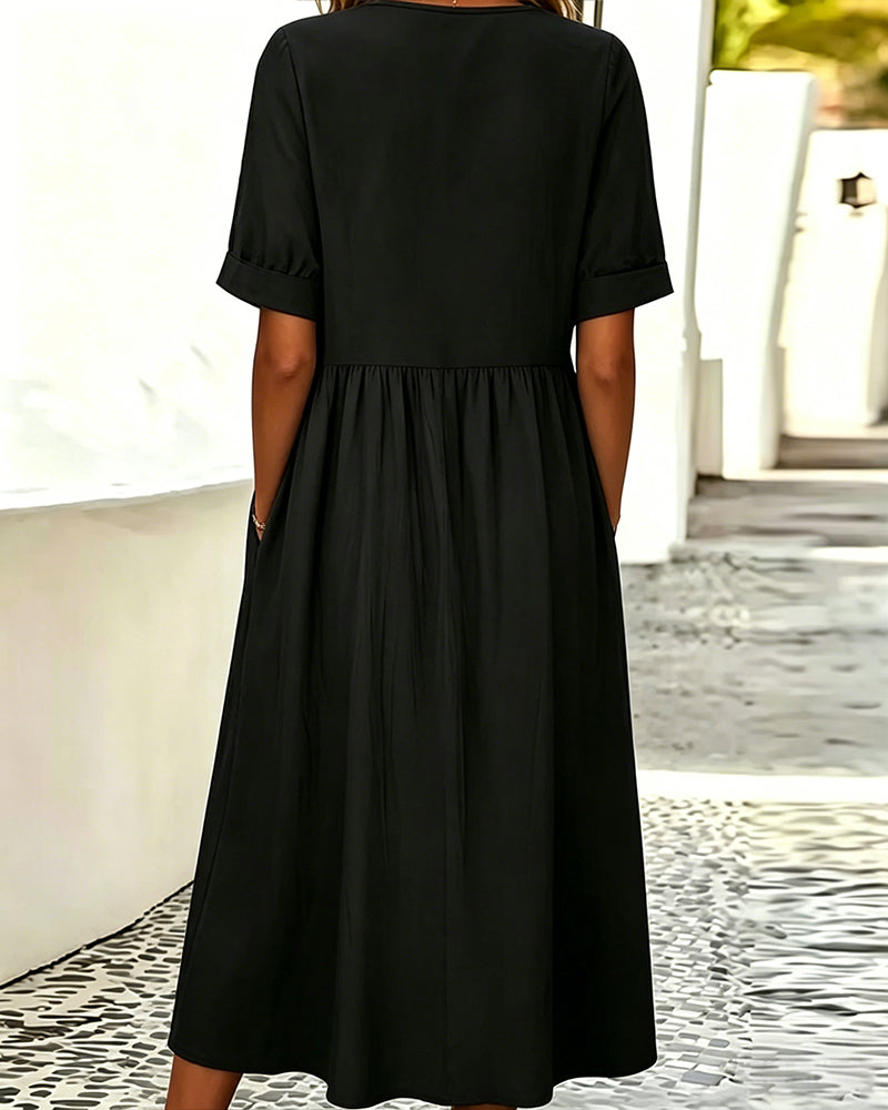 Crew Neck Short Sleeve Solid Color Dress