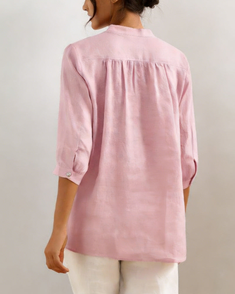 Casual Cotton Solid-Color V-Neck Blouse