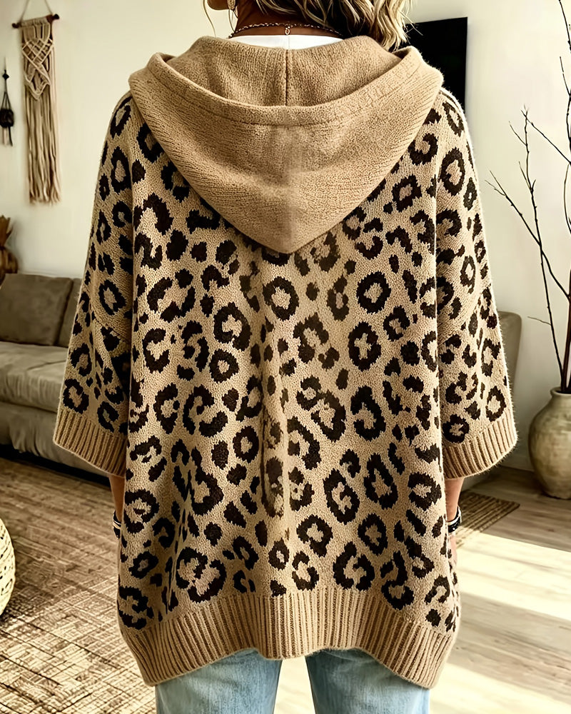 Leopard Print Mid Sleeve Pocket Hoodie
