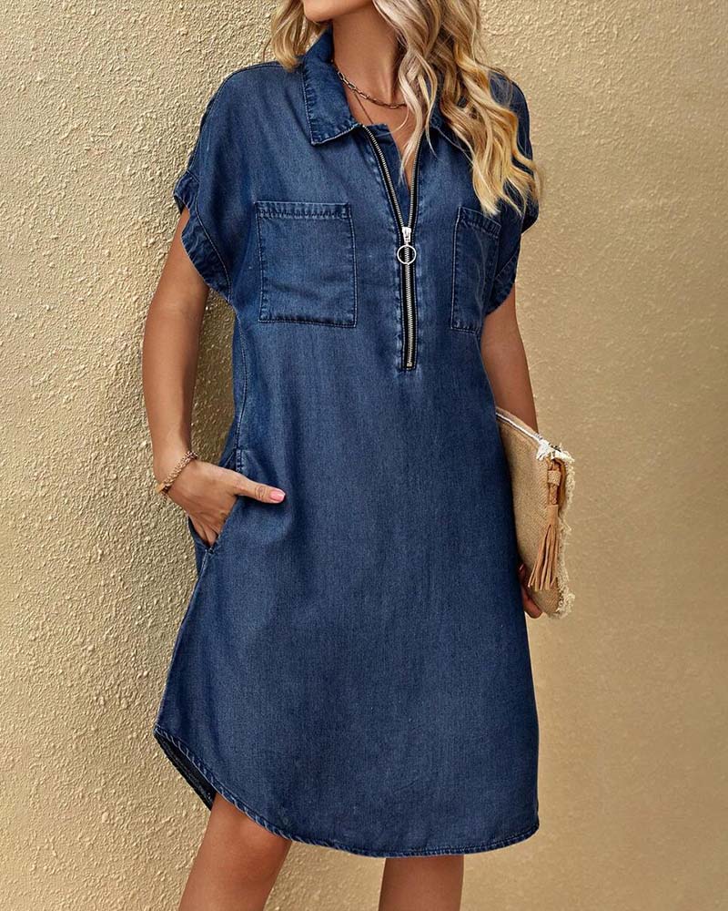 Zipper Lapel Short Sleeve Shirt Dress