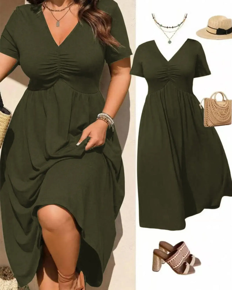 V-Neck Shirred Short Sleeve Flared Dress