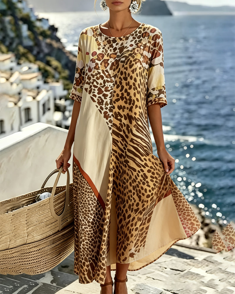 Leopard Print Crew Neck Patchwork Dress