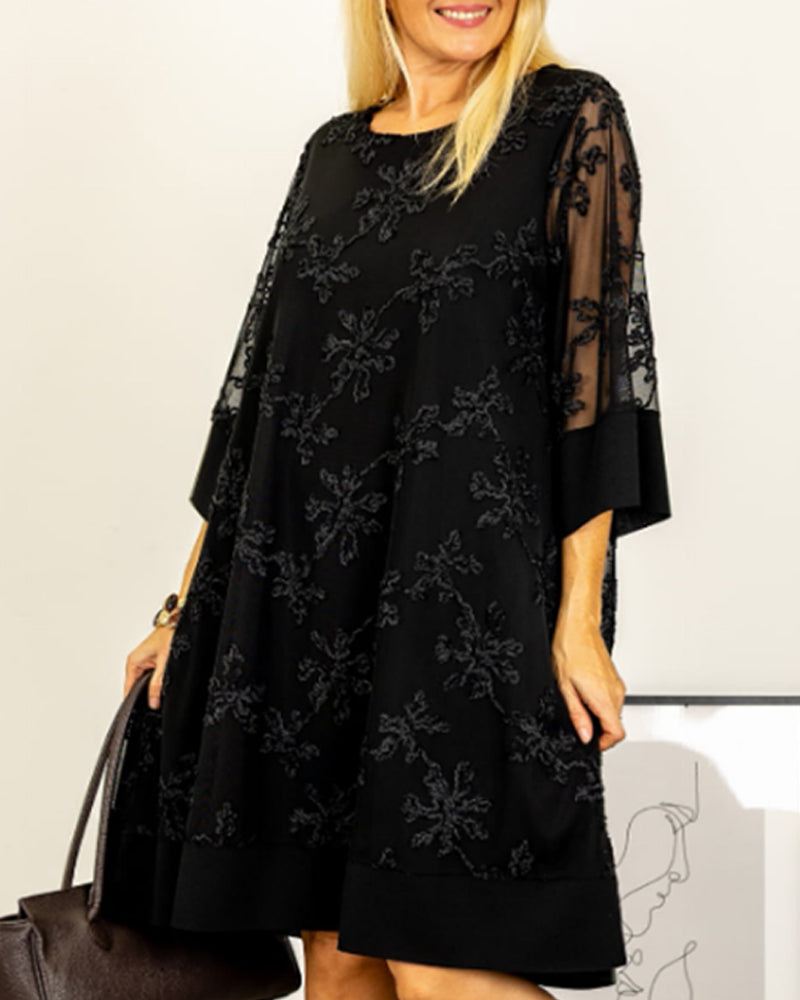 Solid Color Embroidered Round Neck Dress