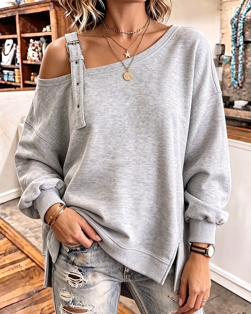 Off-Shoulder Strap Slit Loose-Fit Sweatshirt