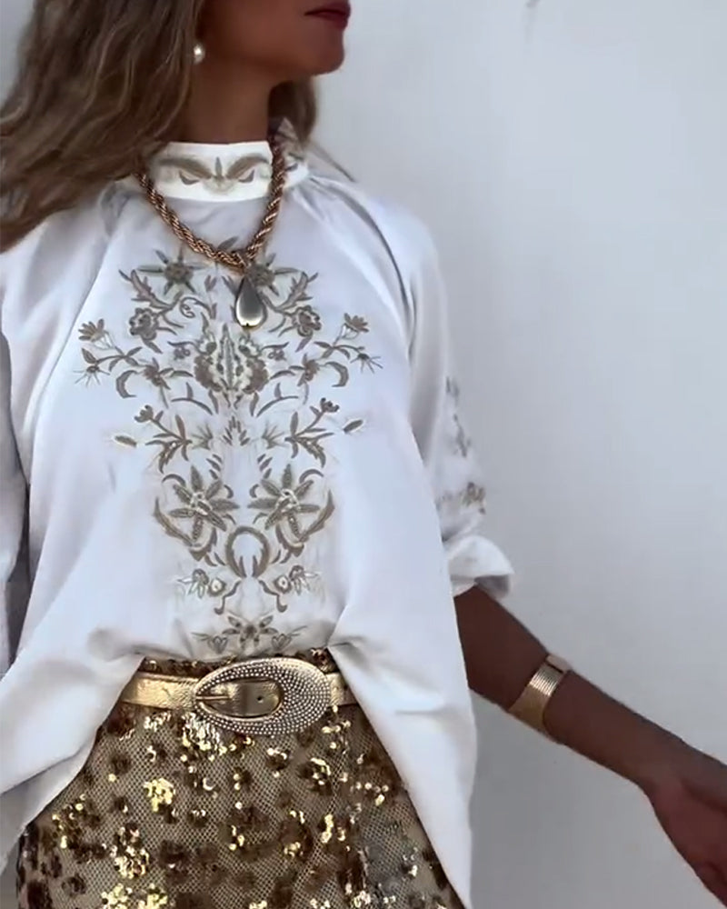 Pullover Printed Balloon Sleeve Blouse