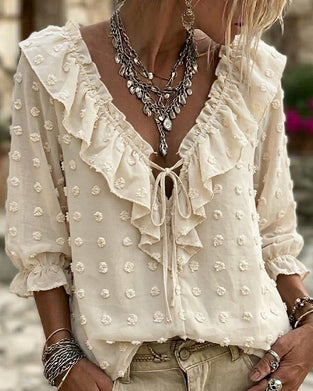 V-Neck Three-Dimensional Printed Puff Sleeves Blouse