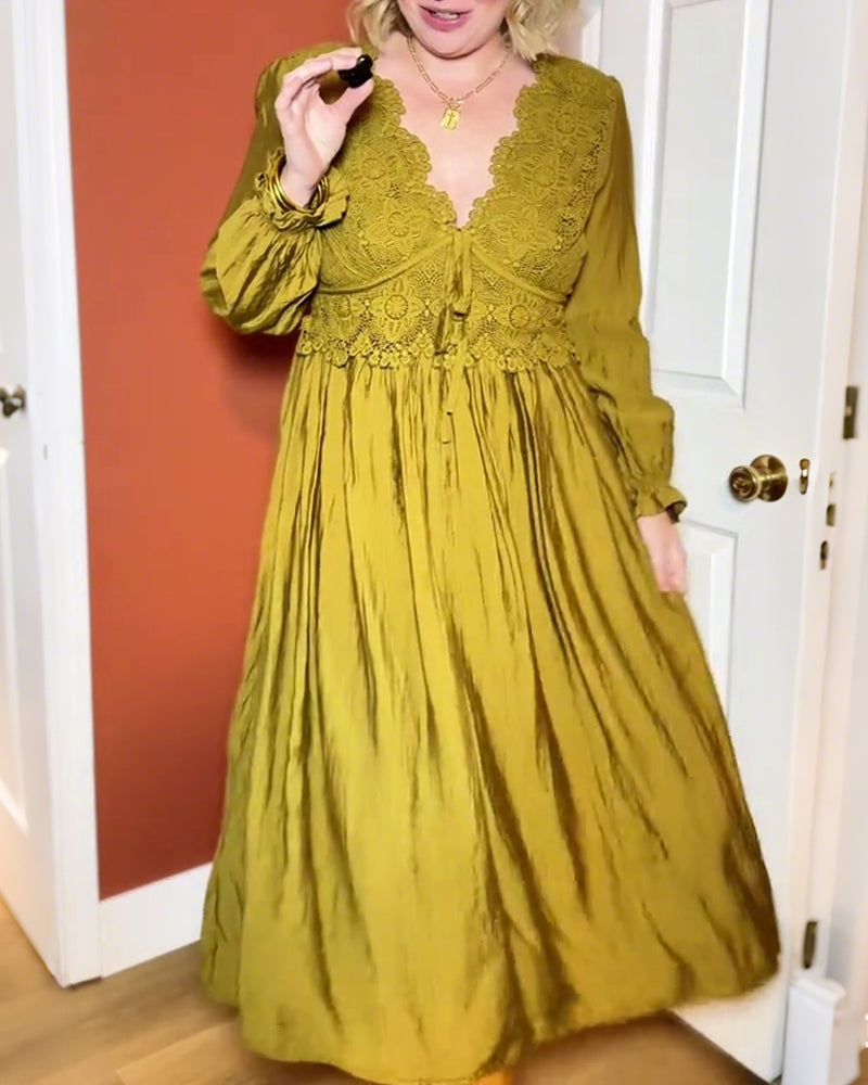 Elegant V-Neck Lace Ruched Dress