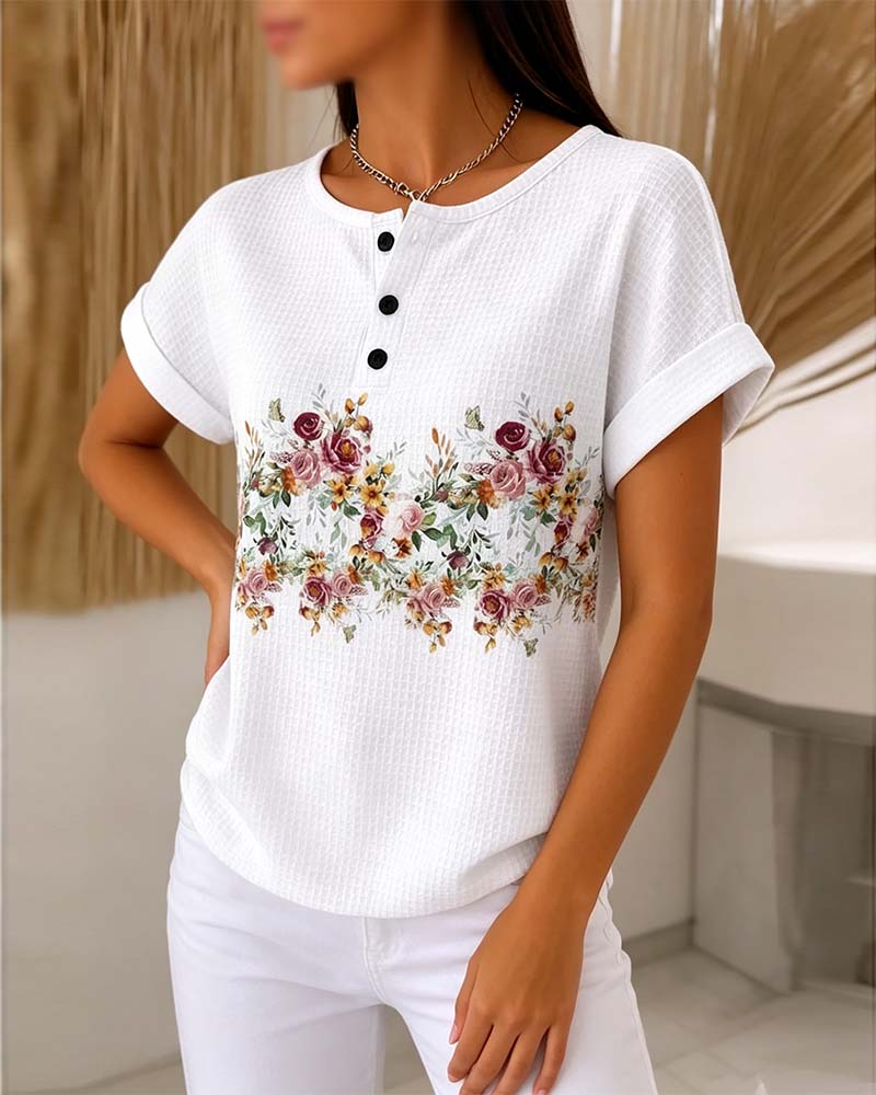 Round Neck Button Waffle T-Shirt