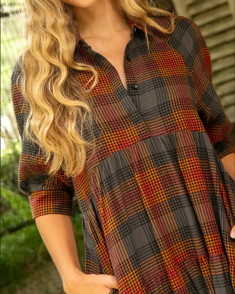 Lapel Plaid Half-Sleeved Dress