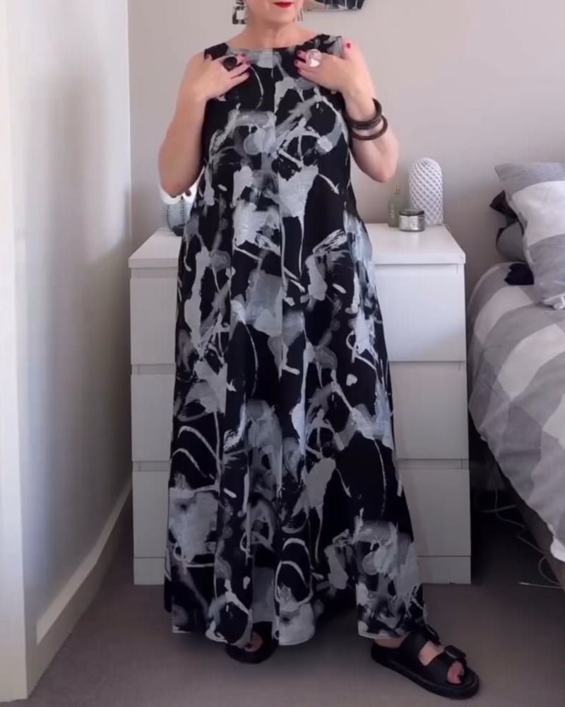 V-Neck Retro Print Sleeveless Dress