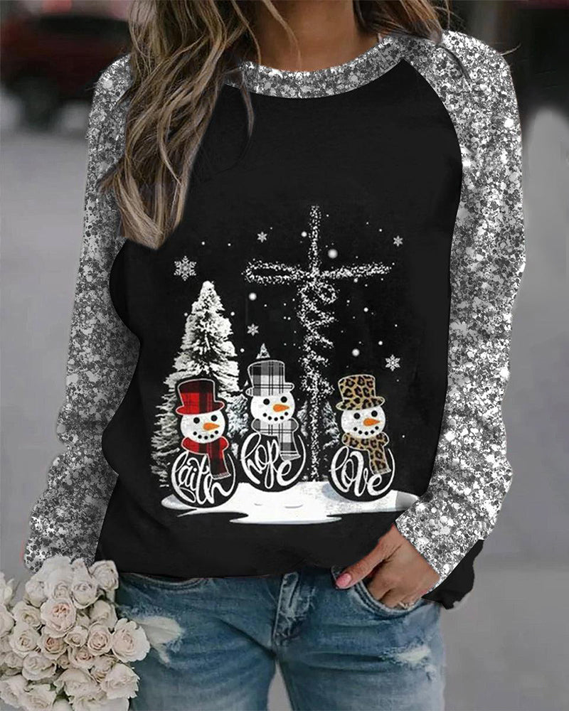 Stylish Snowman Print Crew Neck T-Shirt