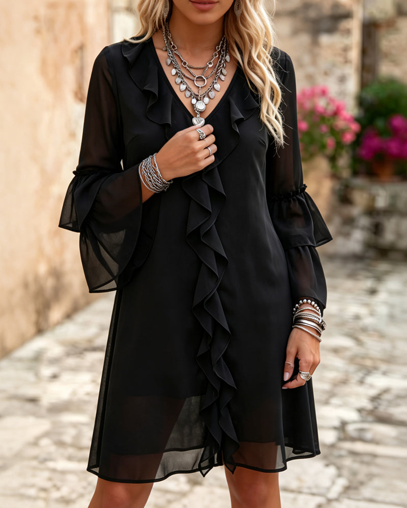 Ruffle Flare Sleeve V-Neck Dress