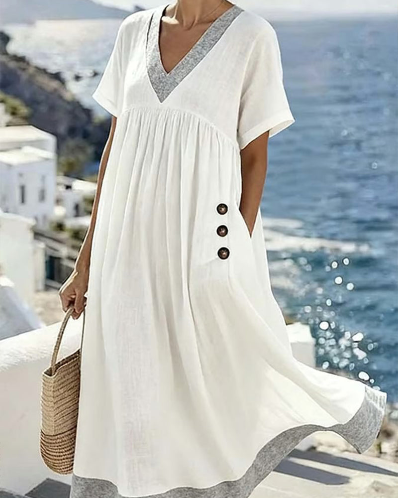 V-Neck Color Blocking Gathers Babydoll Dress