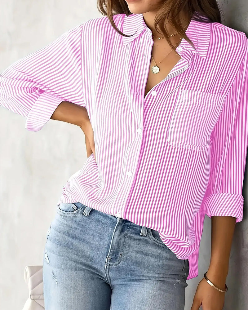 Striped Pocket Long Sleeve Loose Shirt