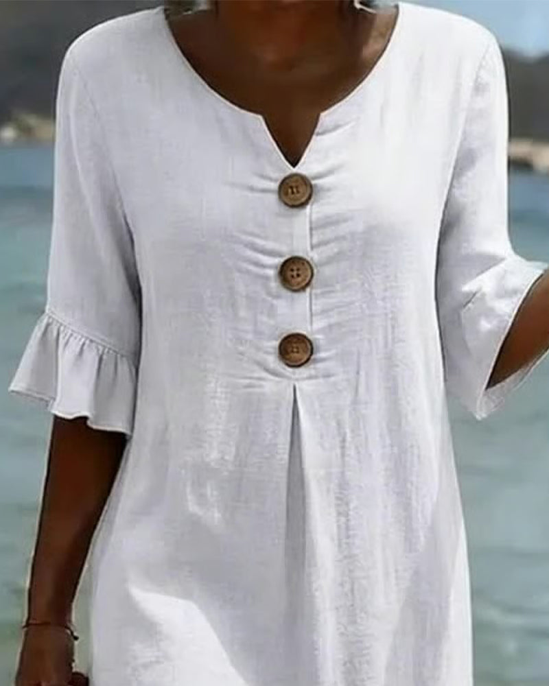 Button Ruffle Sleeve 100% Cotton Dress
