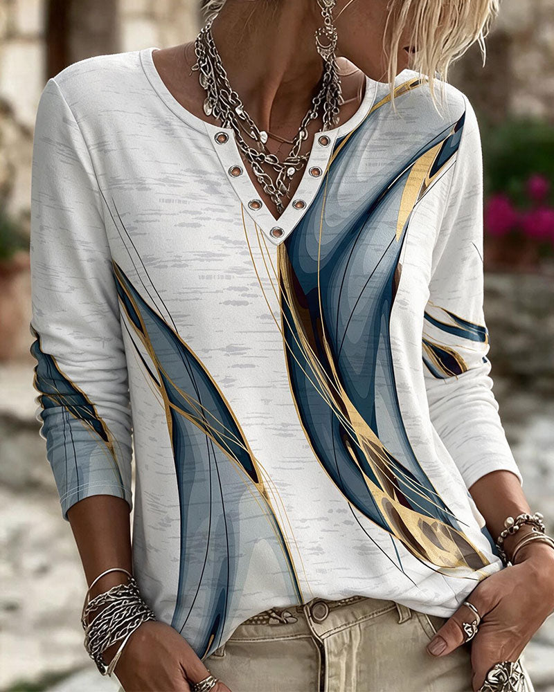 V-Neck Casual Marble Print Top