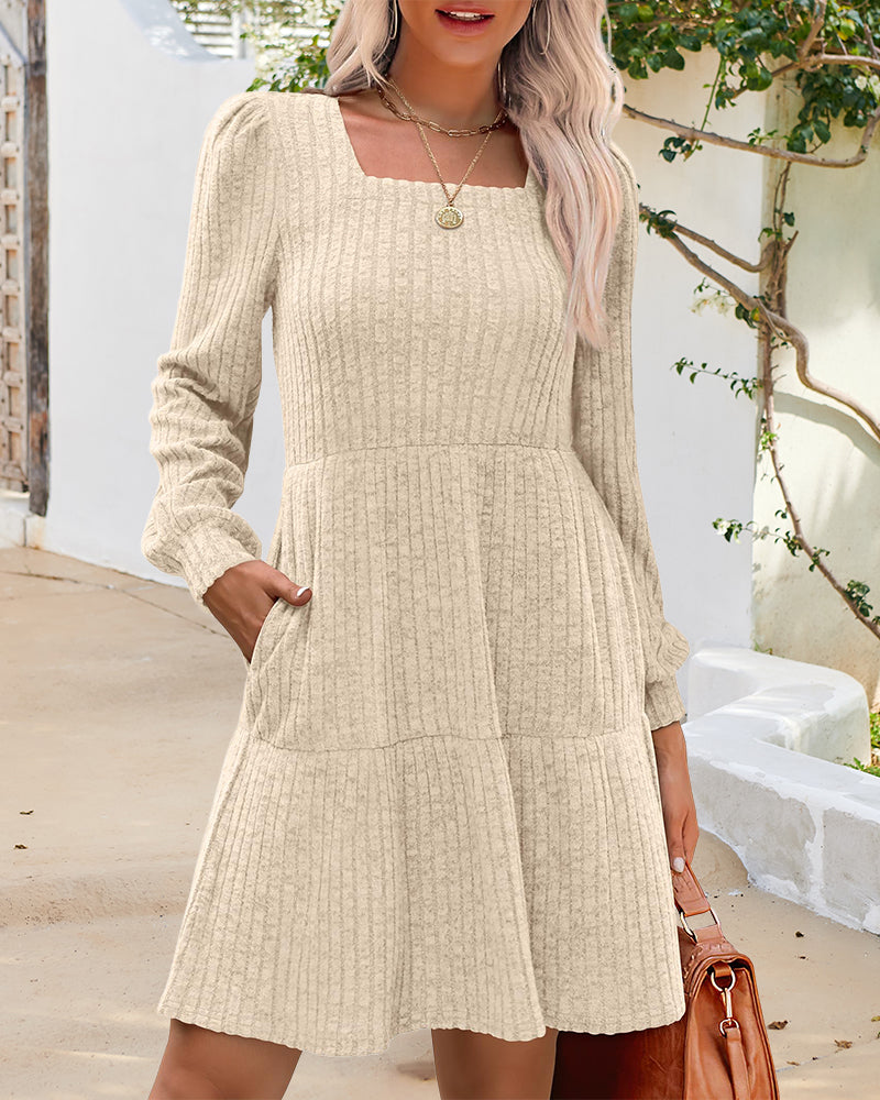 🍂2025 Autumn New Style⏰Women's Square Neck Lantern Sleeve Ribbed Dress