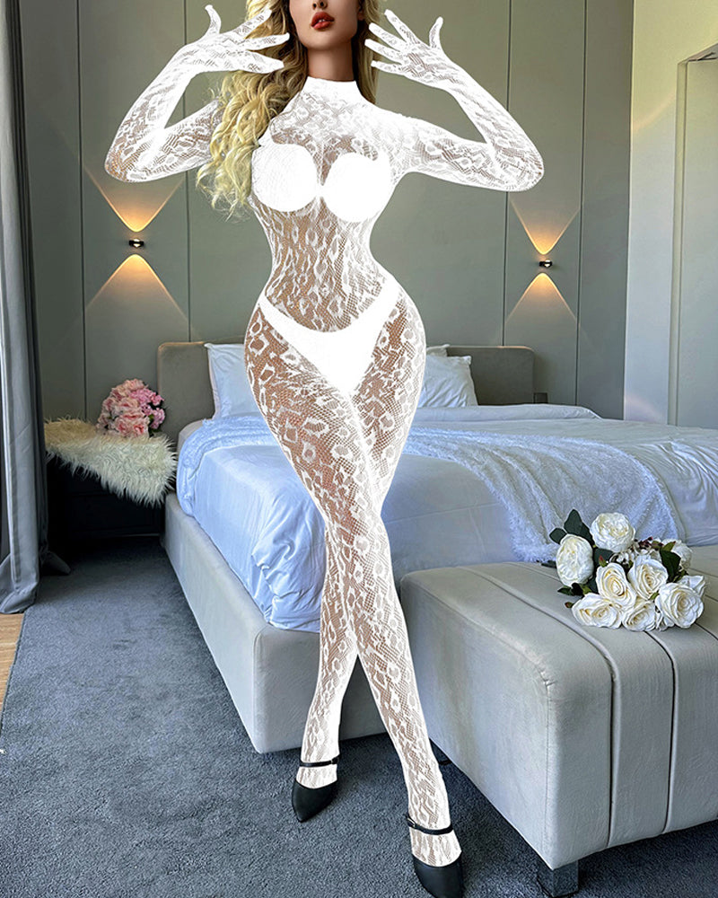 Long-Sleeved One-Piece Fishnet Stockings Underwear