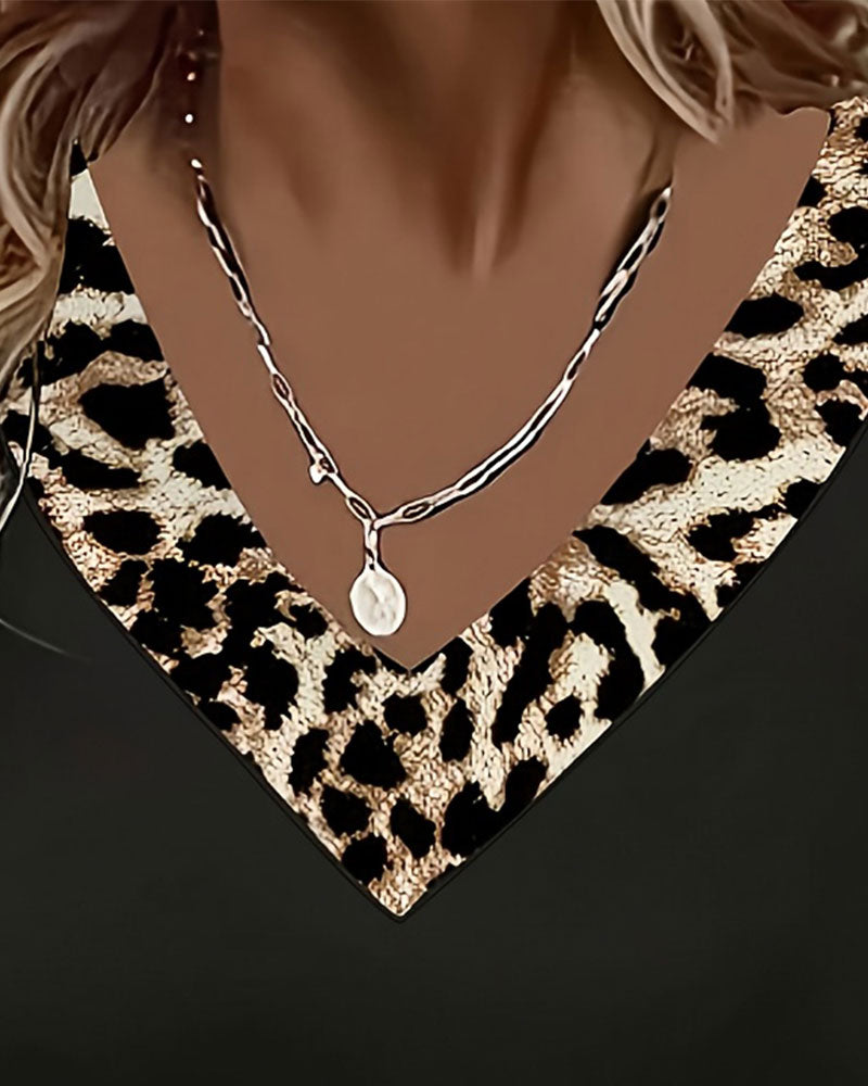 Long Sleeve V-Neck Leopard Patchwork T-Shirt