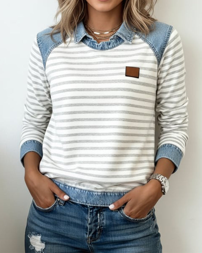 Denim-Color-Block Striped Sweatshirt