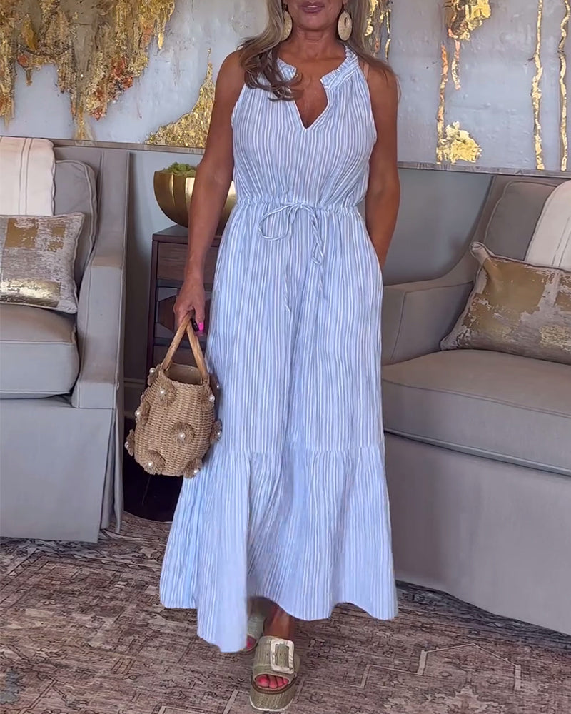 Stripe print drawstring sleeveless dress