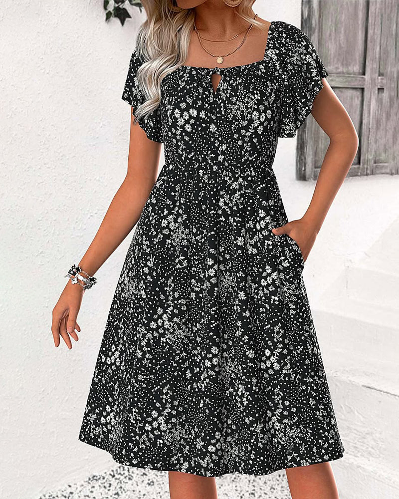 Square Neck Floral A-Line Dress