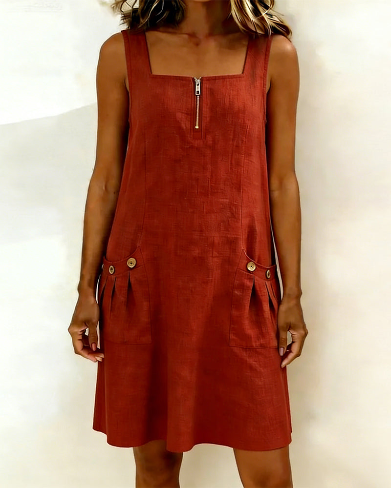 Halter Zipper Pocket Linen Dress