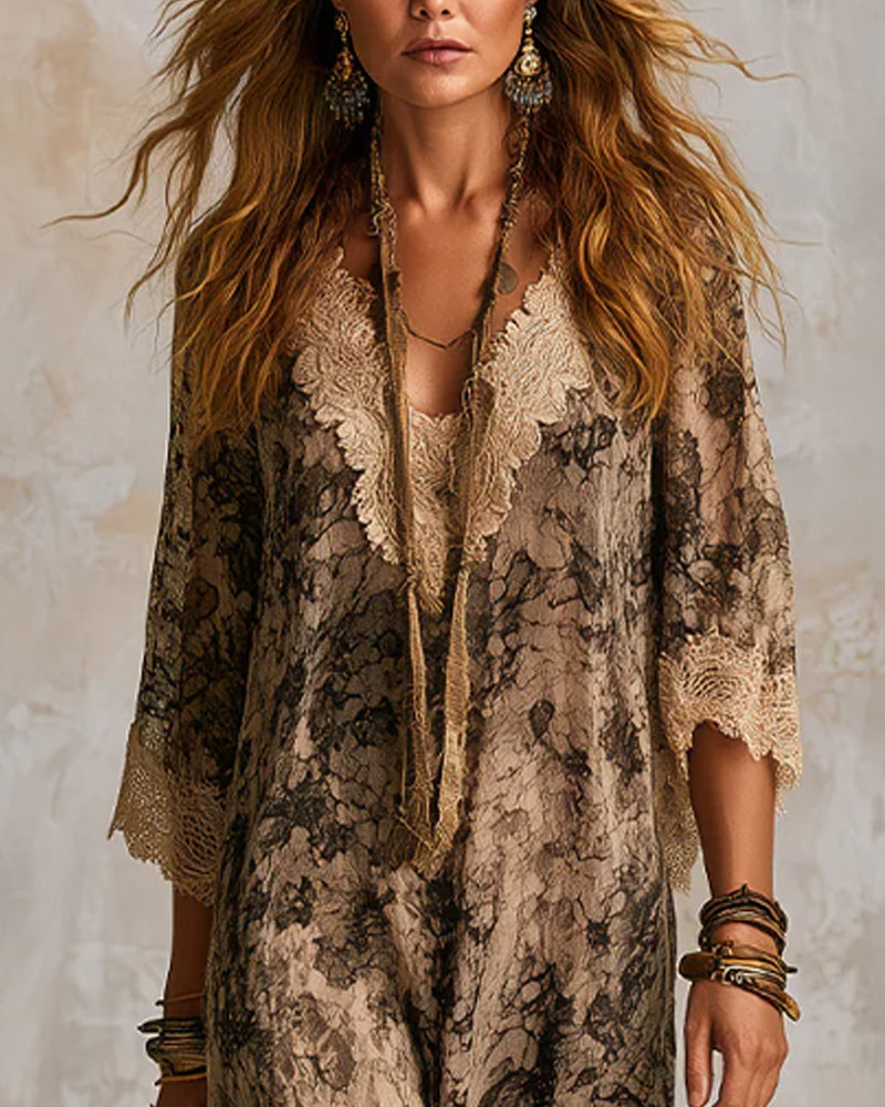 V-Neck Lace Patchwork Asymmetric Dress