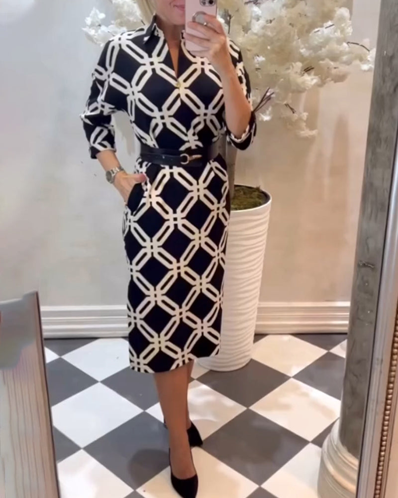 Geometric print side slit elegant dress