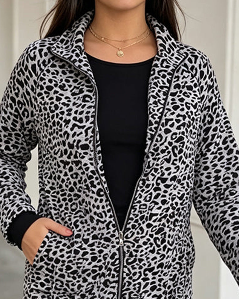 Leopard Stand Collar Zipper Coat