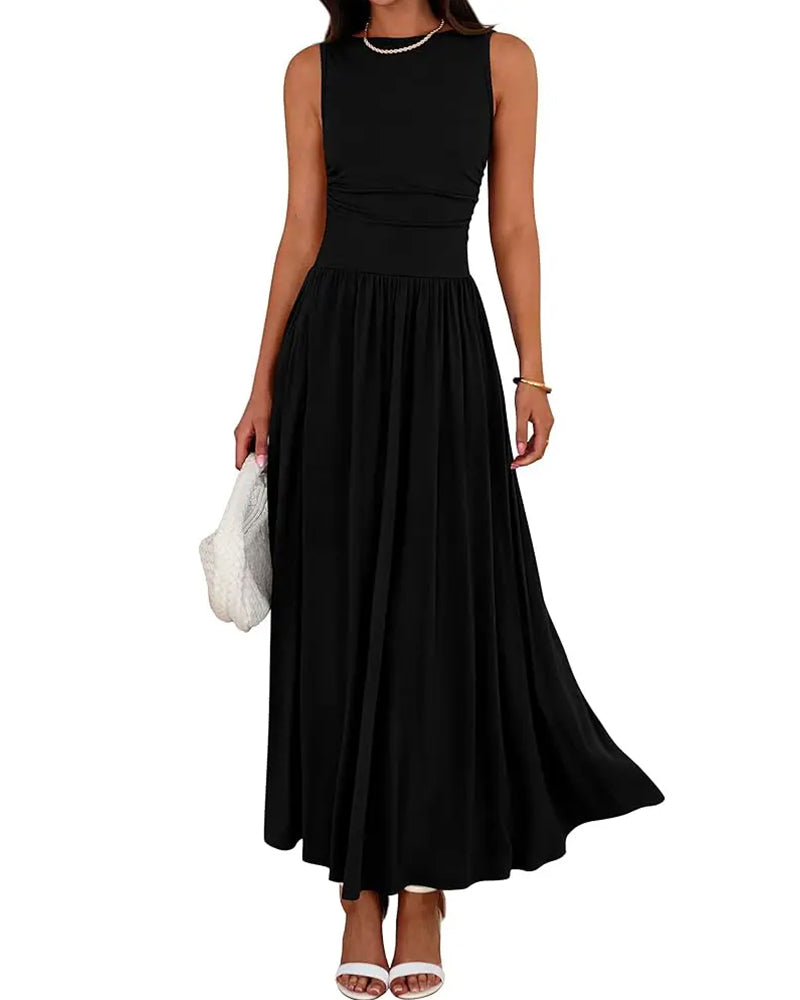 Sleeveless Ruched Pocket Long Dress