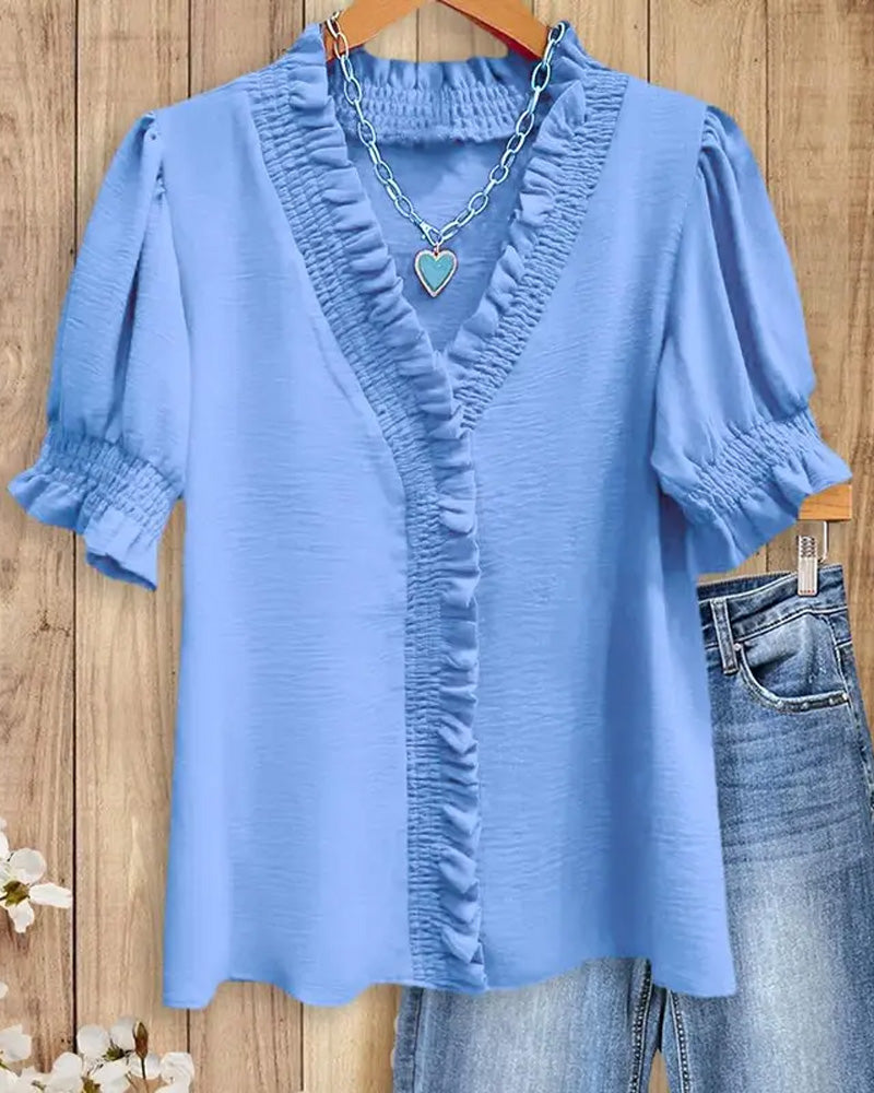 V-Neck Ruffled Short Sleeve Blouse