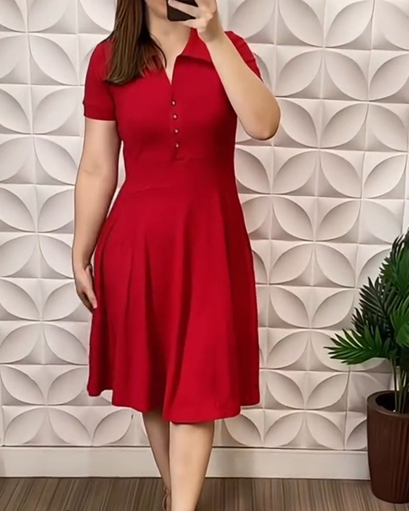 Short-Sleeved Lapels And Buttons Dress