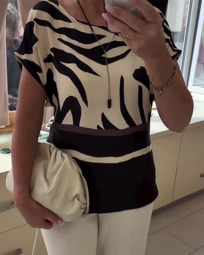 Round Neck Geometric Patchwork Short Sleeve Blouse