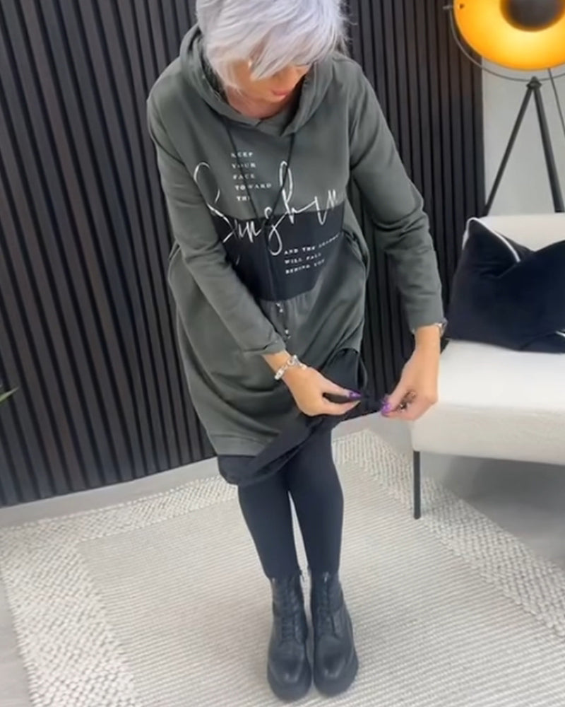 Casual color block letter print pocket hooded dress