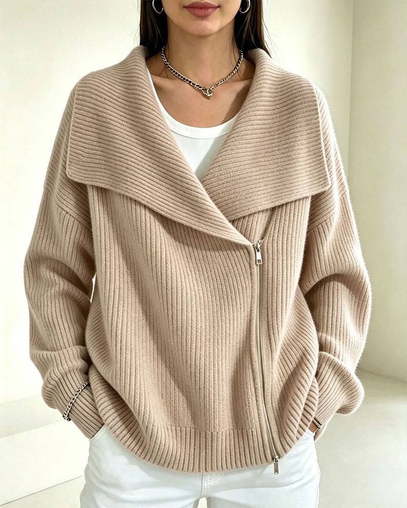 Large Lapel Diagonal Zipper Cardigan
