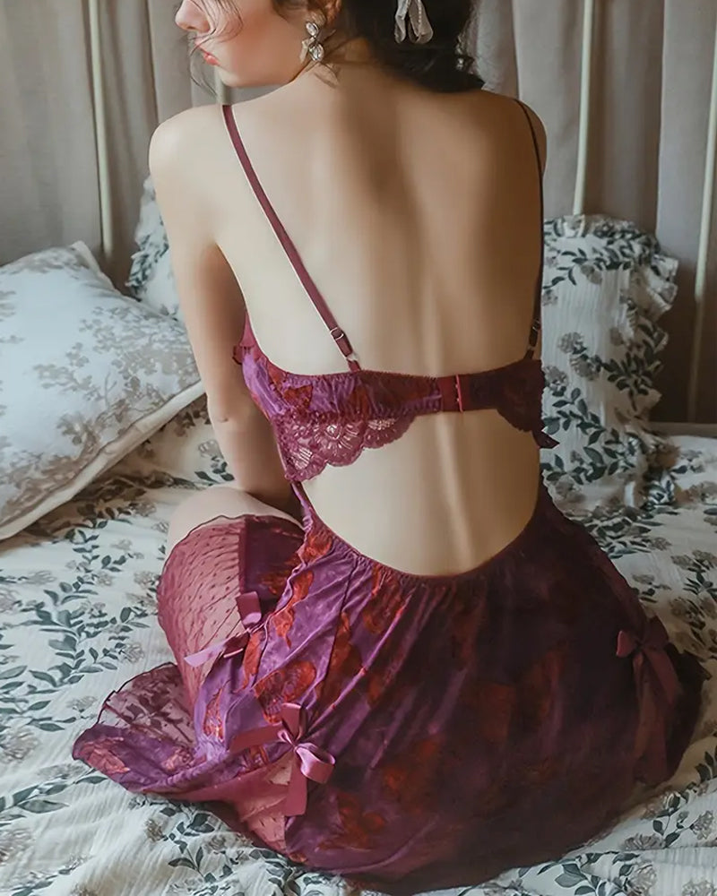 Women's Slim Fit Low V Lace-Up Butterfly Print Camisole Nightgown with Bralette and Backless Loungewear Set