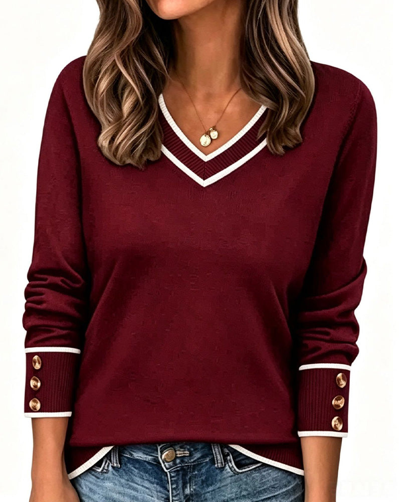 Colorblock V-Neck Trim Button Pullover
