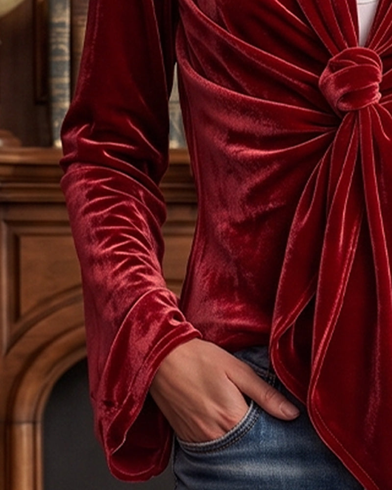 V-Neck Knot Shirred Long-Sleeved Top