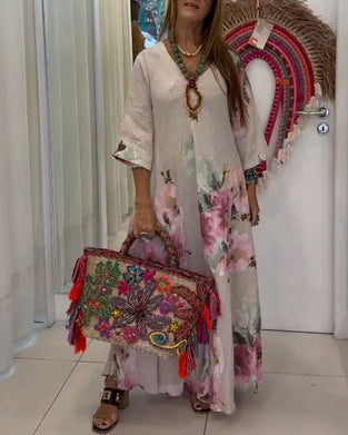 Loose V-Neck Printed Long Dress